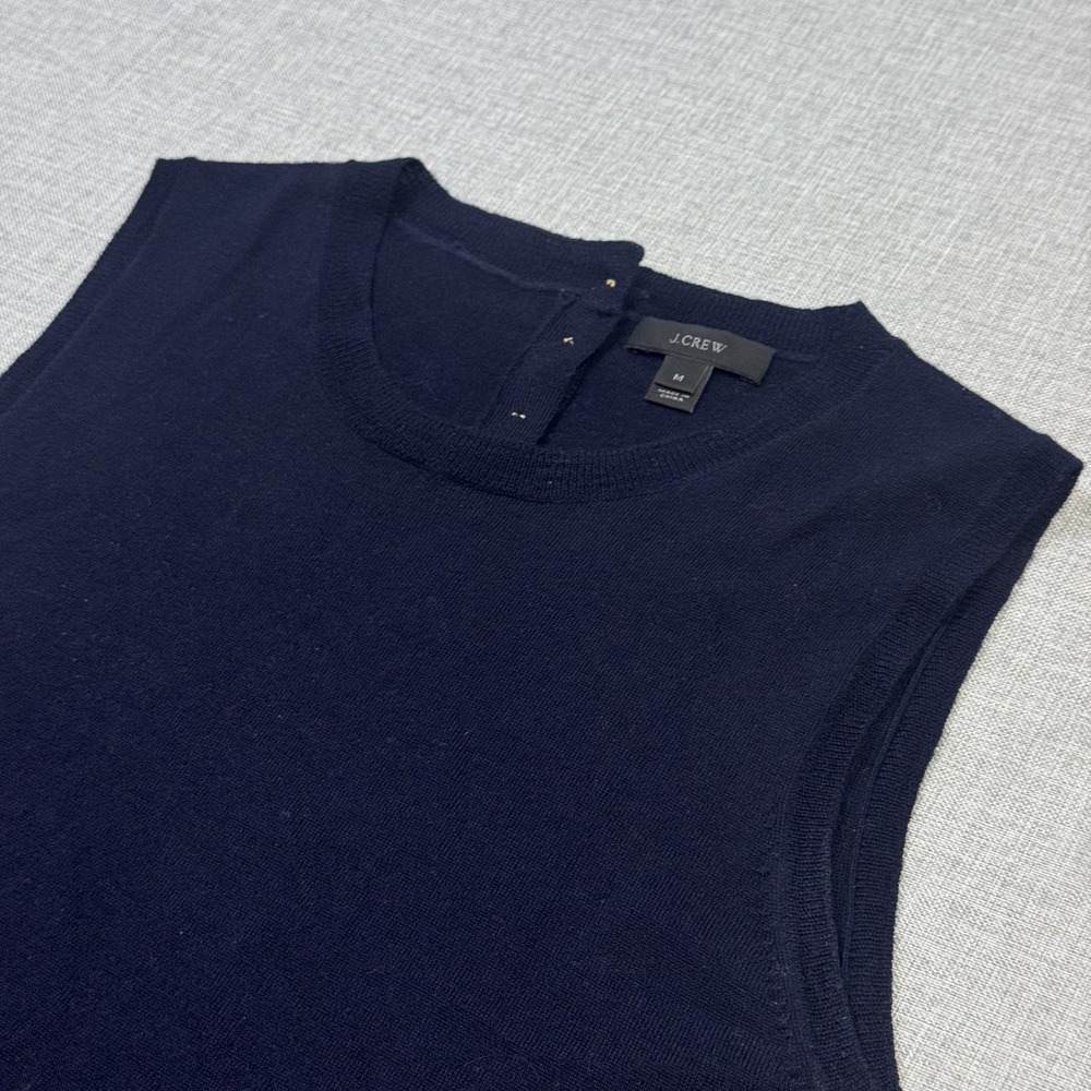 J.CREW Merino Wool Sleeveless Vest Women M Blue Lighweight Crew Neck Back Button